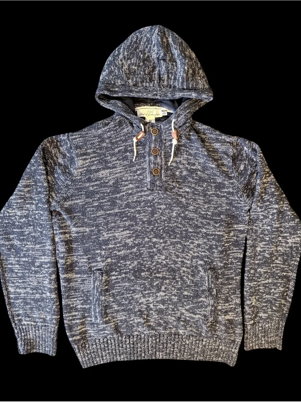 H&M L.O.G.G. Mens M Blue Marled Knit Henley Hoodie Sweater Kangaroo Pocket